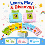 Infographic showing blue and pink PocketSpeech USA flashcard readers with sample word cards, highlighting 224 words included, USB rechargeable charger, and screen-free educational play
