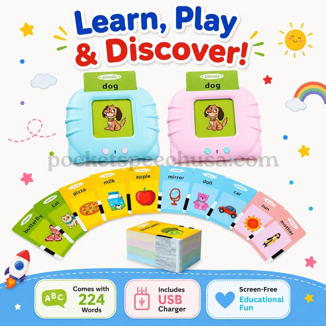 Infographic showing blue and pink PocketSpeech USA flashcard readers with sample word cards, highlighting 224 words included, USB rechargeable charger, and screen-free educational play