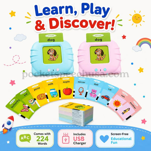 Infographic showing blue and pink PocketSpeech USA flashcard readers with sample word cards, highlighting 224 words included, USB rechargeable charger, and screen-free educational play