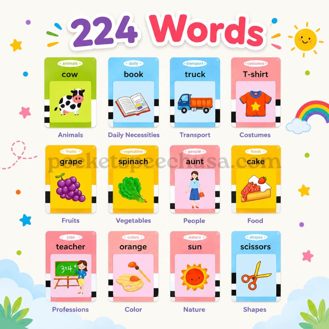 Grid of 12 PocketSpeech USA flashcard categories with example words: Animals, Daily Necessities, Transport, Costumes, Fruits, Vegetables, People, Food, Professions, Color, Nature, and Shapes