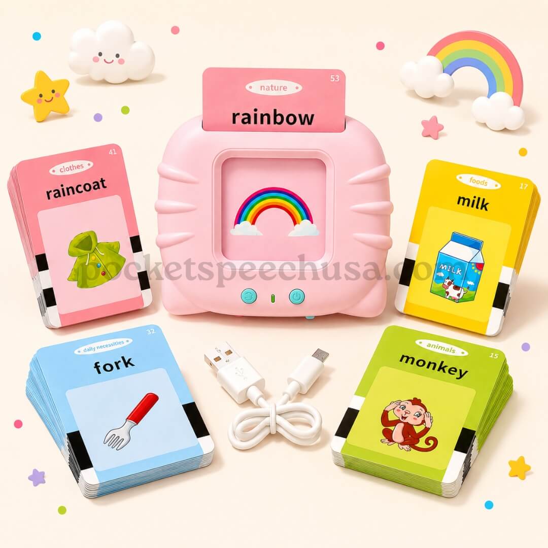 Pink PocketSpeech USA talking flashcard reader displaying a "car" card, surrounded by flashcard stacks for T-shirt, milk, fork, and monkey, with included USB charging cable
