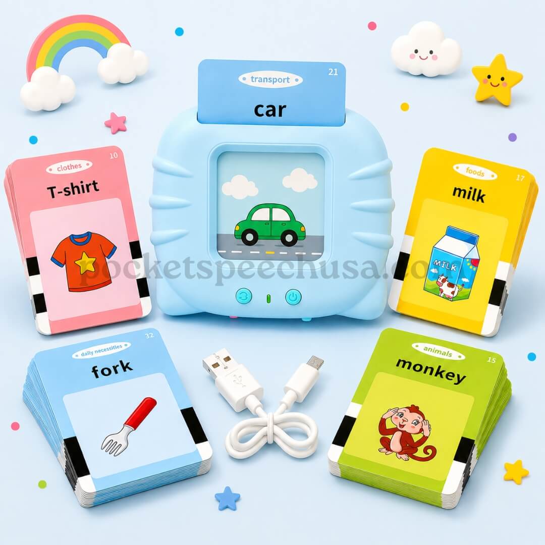 Blue PocketSpeech USA talking flashcard reader displaying a "car" card, surrounded by flashcard stacks for T-shirt, milk, fork, and monkey, with included USB charging cable